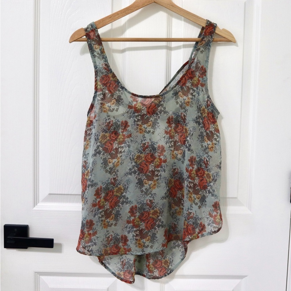 Sheer Floral Scoop Neck Tank Top - Mint with Rust,romantic, boho, festival